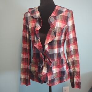 Free People Red Plaid Ruffle Front Blouse Jacket